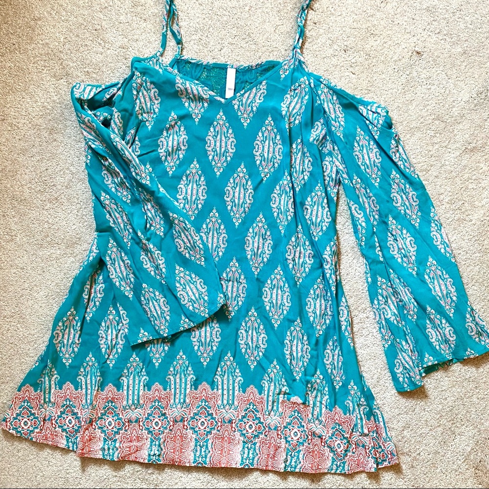 Teal Long Sleeve Cold Shoulder Dress, Medium